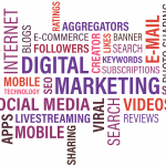 onlinemarknadsförings bild med orden digital marketing, e-commerce, social media, video, mobile technology och många fler onlinemarknadsföringsbegrepp